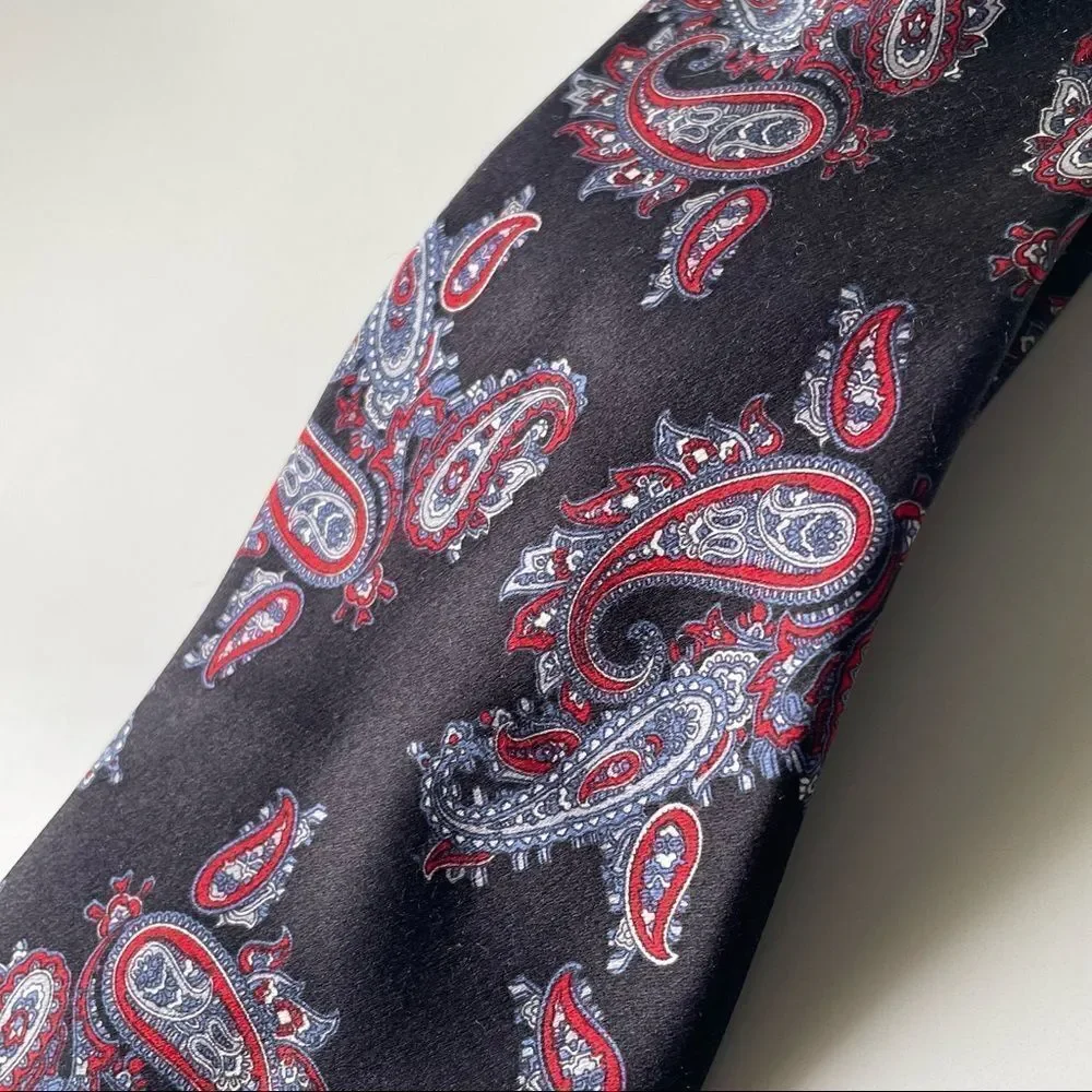 Vtg. Christian Dior Black Red Silk Paisley Tie